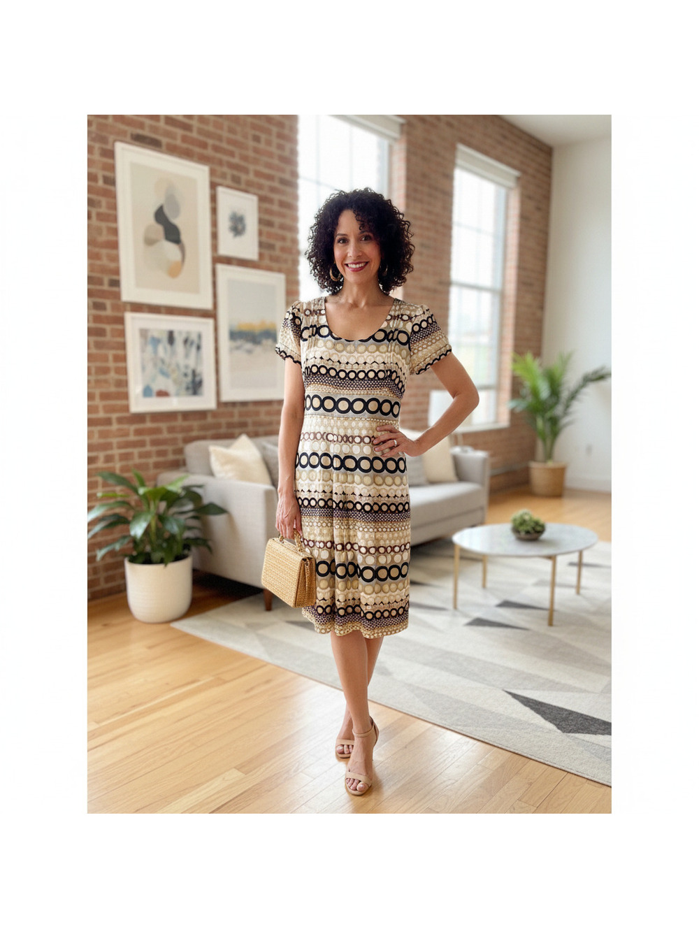 007 Julian Taylor Womens Gold Black Geometric Circle Print Sheath Dress 10 NEW